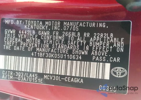 2005 Toyota Camry Xle V6 из США, поврежденный, VIN 4T1BF30K05U110634